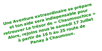 Une Aventure extraordinaire se prépare et ton aide sera indispensable pour  retrouver Le trésor de « Chaumouchica » Alors, rejoins nous le samedi 17 Juillet à partir de 16 h au 25 route de Panay à Chaumoux.